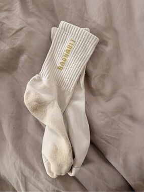Bad Habit Cream Crew Socks with Gold Logo